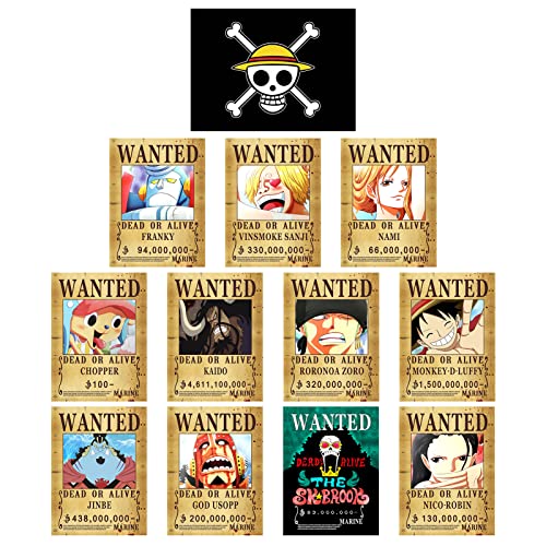 12 Pcs 16.6 In x 12 In Anime OP Wanted Bounty Posters , New Edition, Straw Hat Pirates Crew Zoro, Sanji, Luffy, 1 Pcs OP Flag