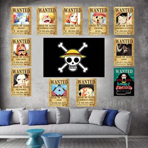 12 Pcs 16.6 In x 12 In Anime OP Wanted Bounty Posters , New Edition, Straw Hat Pirates Crew Zoro, Sanji, Luffy, 1 Pcs OP Flag