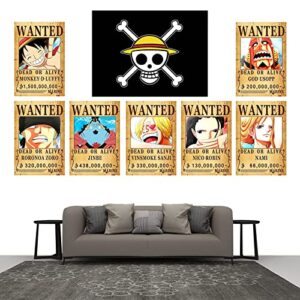 12 Pcs 16.6 In x 12 In Anime OP Wanted Bounty Posters , New Edition, Straw Hat Pirates Crew Zoro, Sanji, Luffy, 1 Pcs OP Flag