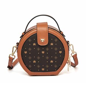 round handbag for women, pvc faux leather ladies crossbody purses and handbags vegan leather purse round signature monogram satchel bag, brown