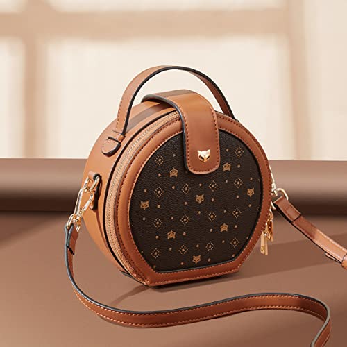 Round Handbag for Women, PVC Faux Leather Ladies Crossbody Purses and Handbags Vegan Leather Purse Round Signature Monogram Satchel Bag, Brown