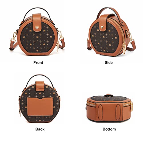 Round Handbag for Women, PVC Faux Leather Ladies Crossbody Purses and Handbags Vegan Leather Purse Round Signature Monogram Satchel Bag, Brown