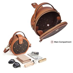 Round Handbag for Women, PVC Faux Leather Ladies Crossbody Purses and Handbags Vegan Leather Purse Round Signature Monogram Satchel Bag, Brown