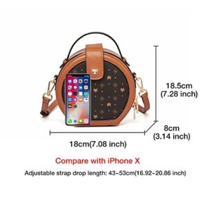 Round Handbag for Women, PVC Faux Leather Ladies Crossbody Purses and Handbags Vegan Leather Purse Round Signature Monogram Satchel Bag, Brown