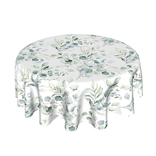 Spring Leaf Floral Sage Green Tablecloth Round 60 Inch Ruitic Watercolor Table Cloth Waterproof Fabric Farmhouse Green Grey Leaves Tablecloths Decorative for Holiday Home Party