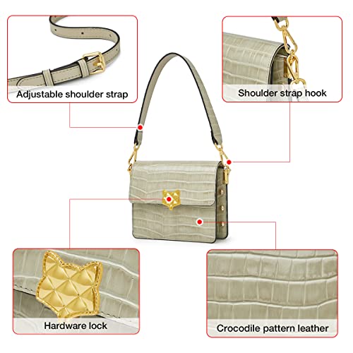 Leather Shoulder Handbags for Women, Split Cowhide Crossbody Hobo Handbags Womens Crocodile Embossed Shoulder Bags, Gray