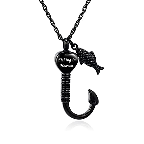 Gredstar Gone Fishing Urn Necklace for ashes Fish hook Cremation Urn Pendant Fishing in heaven Keepsake Jewelry (BLACK)