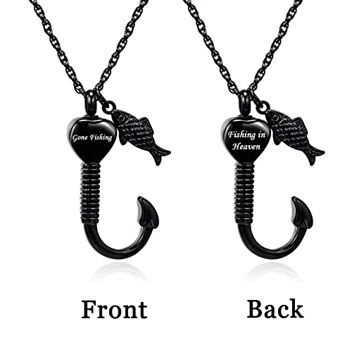 Gredstar Gone Fishing Urn Necklace for ashes Fish hook Cremation Urn Pendant Fishing in heaven Keepsake Jewelry (BLACK)