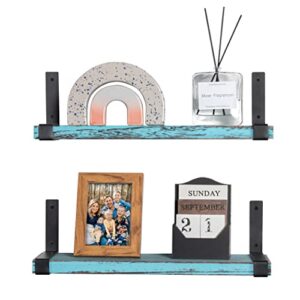 LAVIEVERT Wall Mounted Floating Shelves Set of 2, Rustic Wood Storage Rack with Industrial L-Shaped Metal Bracket for Bedroom, Living Room, Bathroom, Kitchen, Office - Rustic Blue