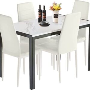 Lamerge Faux Marble Dining Table Set for 4,5 Piece Dining Room Table Set,Rectangular Table and 4 PU Leather Chairs for Living Room,Dining Room,Breakfast Nook,White&Beige, (LMDS-Wbe)