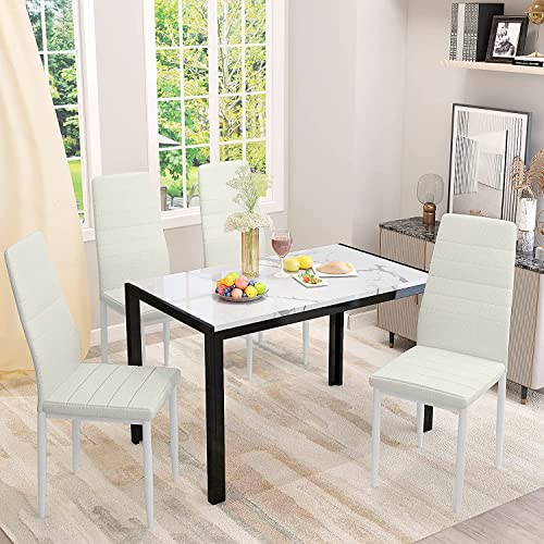 Lamerge Faux Marble Dining Table Set for 4,5 Piece Dining Room Table Set,Rectangular Table and 4 PU Leather Chairs for Living Room,Dining Room,Breakfast Nook,White&Beige, (LMDS-Wbe)