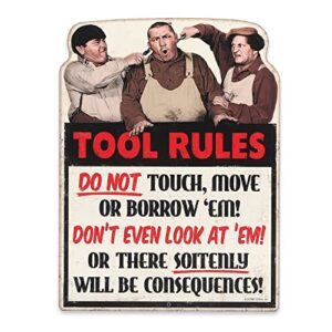 open road brands the three stooges tool rules metal sign – funny three stooges sign for garage, shop or man cave