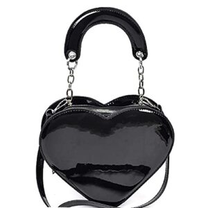 Womens Girls Cute Lovely Faux Leather Heart Shape Crossbody Bag Purse Handbag (Medium Patent Top-Handle Satchel - Black/Silver Chain)