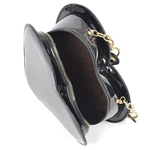 Womens Girls Cute Lovely Faux Leather Heart Shape Crossbody Bag Purse Handbag (Medium Patent Top-Handle Satchel - Black/Silver Chain)