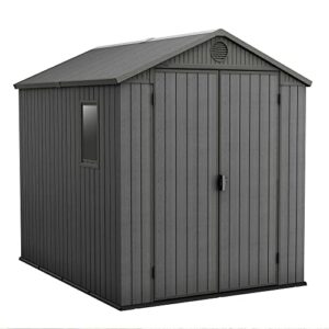 keter darwin 6 x 8 foot spacious heavy duty storage shed for organizing garden accessories and outdoor tools with double doors and high ceiling, gray