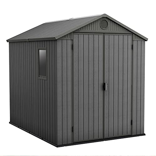 Keter Darwin 6 x 8 Foot Spacious Heavy Duty Storage Shed for Organizing Garden Accessories and Outdoor Tools with Double Doors and High Ceiling, Gray