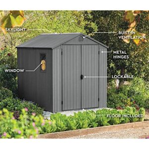 Keter Darwin 6 x 8 Foot Spacious Heavy Duty Storage Shed for Organizing Garden Accessories and Outdoor Tools with Double Doors and High Ceiling, Gray