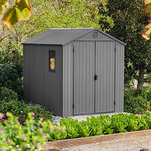 Keter Darwin 6 x 8 Foot Spacious Heavy Duty Storage Shed for Organizing Garden Accessories and Outdoor Tools with Double Doors and High Ceiling, Gray