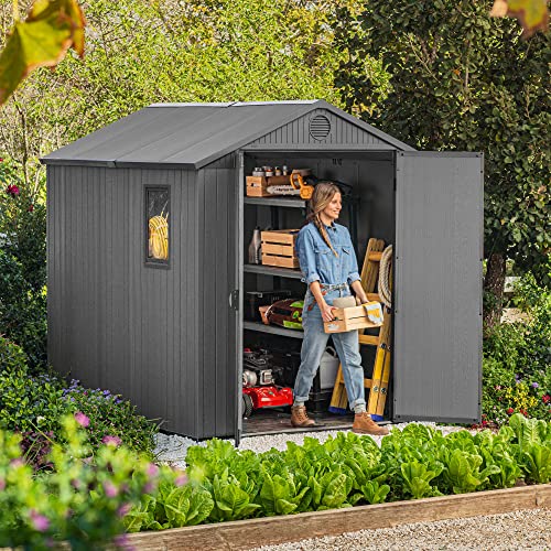 Keter Darwin 6 x 8 Foot Spacious Heavy Duty Storage Shed for Organizing Garden Accessories and Outdoor Tools with Double Doors and High Ceiling, Gray