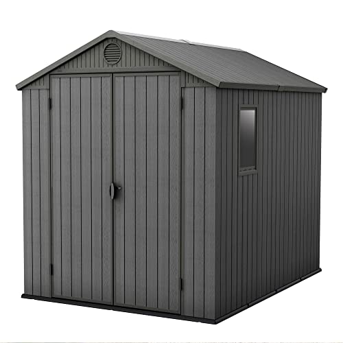 Keter Darwin 6 x 8 Foot Spacious Heavy Duty Storage Shed for Organizing Garden Accessories and Outdoor Tools with Double Doors and High Ceiling, Gray