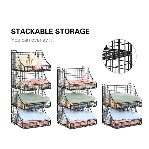 Lyuwanxian Open Storage Bins Closet Organizers and Storage Shelves 4 Pack, Rustic Stackable Metal Wire Basket for Clothes Toys Snacks, Wire Storage Baskets for Wardrobe Countertop Shelf Bedroom Black