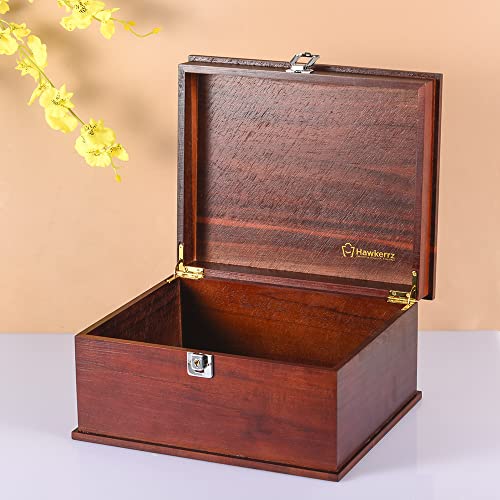 Hawkerrz Wooden box with hinged lid | Large Keepsake box | Premium decorative keepsake boxes with lids | Hand crafted ACACIA wood box with lid | Classic wooden storage box with lock and key | Decorative wooden storage box for Jewelry, toys and keepsakes