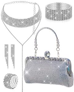 5 pieces silver clutch purse rhinestone evening purses crystal jewelry set include rhinestone tassel necklace bangle bracelet dangle fringe earrings ring for women wedding party bridal handbag