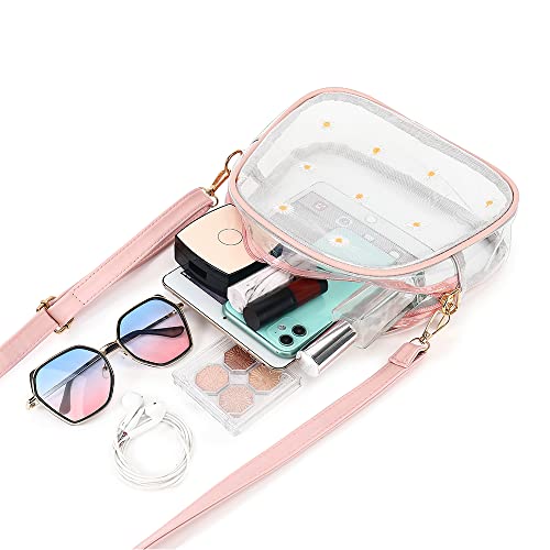 Clear Crossbody Purse for Women, Small Clear Purse Stadium Approved, See Through Clear Shoulder Bag with Flowers adjustable strap for Travel Work Concert (Pink)