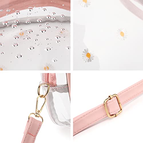 Clear Crossbody Purse for Women, Small Clear Purse Stadium Approved, See Through Clear Shoulder Bag with Flowers adjustable strap for Travel Work Concert (Pink)