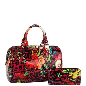 patent vegan leather leopard flower print satchel shoulder bag purse handbag (doctor bag – purple)