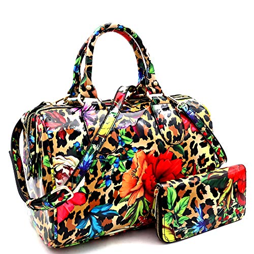 Patent Vegan Leather Leopard Flower Print Satchel Shoulder Bag Purse Handbag (Doctor Bag - Purple)