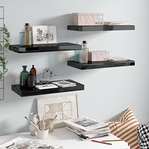 ZQQLVOO Floating Wall Shelves 4 pcs,Wall Mounted Display Shelf,Wall Mounted Floating Shelves,Wall Storage Shelves,Floating Book Shelves,Bookshelf,High Gloss Black 19.7"x9.1"x1.5" MDF