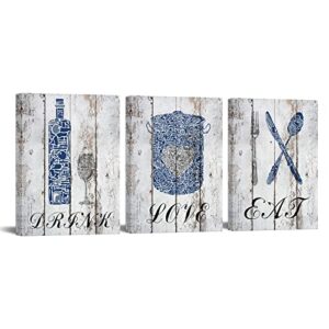 Conipit 3 Panels Kitchen Wall Art Love Eat Wall Decor Canvas Kitchenware Pictures Vintage Wood Grain Painting Blue Mosaci Inspirational Artwork Prints Artwork 12''x16''x3 PCS FRAMED