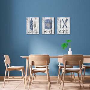 Conipit 3 Panels Kitchen Wall Art Love Eat Wall Decor Canvas Kitchenware Pictures Vintage Wood Grain Painting Blue Mosaci Inspirational Artwork Prints Artwork 12''x16''x3 PCS FRAMED