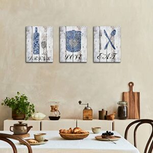 Conipit 3 Panels Kitchen Wall Art Love Eat Wall Decor Canvas Kitchenware Pictures Vintage Wood Grain Painting Blue Mosaci Inspirational Artwork Prints Artwork 12''x16''x3 PCS FRAMED