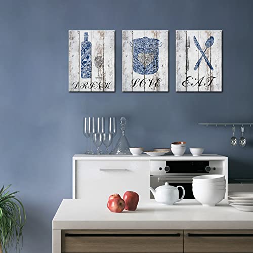 Conipit 3 Panels Kitchen Wall Art Love Eat Wall Decor Canvas Kitchenware Pictures Vintage Wood Grain Painting Blue Mosaci Inspirational Artwork Prints Artwork 12''x16''x3 PCS FRAMED