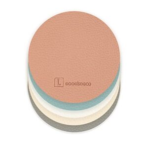 goodsdeco coasters for drinks set of 5 – pu leather coasters, coasters for table cup tea coffee beer, pastel color coaster, decorative for kitchen office homedecor (round, multi-color)