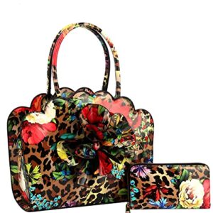 3d flower applique floral leopard print patent vegan leather satchel handbag wallet set (flower/leopard print – brown)