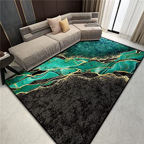 Modern Abstract Marble Texture Area Rug for Living Room Black Green Large Throw Rugs Contemporary Gold Swirl Non Skid Floor Carpet Bedside Mat,5'x8'