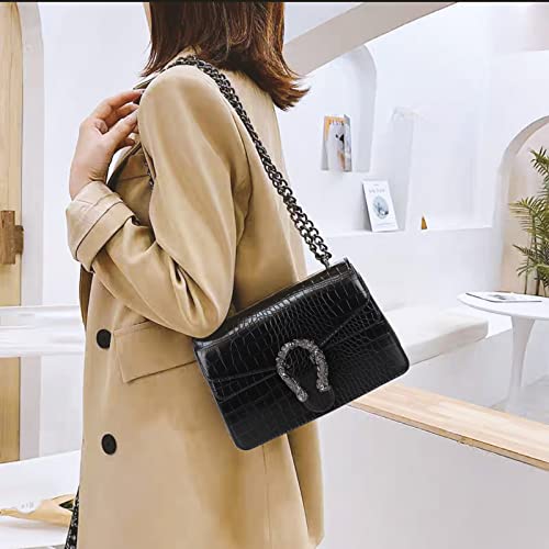 Crossbody Shoulder Bag for Women Luxurious Snake Print Leather Chain Tote Evening Square Handbag Satchel Purse Black