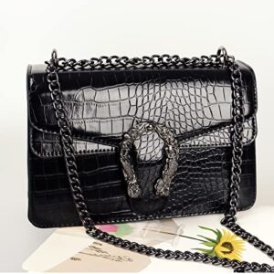 Crossbody Shoulder Bag for Women Luxurious Snake Print Leather Chain Tote Evening Square Handbag Satchel Purse Black