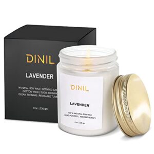 lavender candle – all-natural soy wax candle with wood wick | long burning time & intense fragrance – dinil scented aromatherapy candle for home decor, meditation | 8 oz 45 hour long lasting
