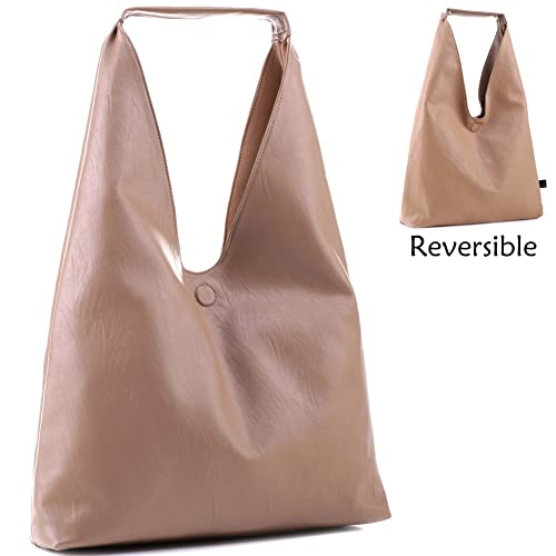 Reversible Large Oversized Vegan Leather Lightweight Simple Tote Handbag Purse (Taupe/Light-Taupe)