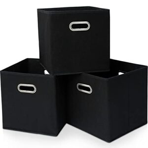 yunkeeper black fabric cubby storage bins，13x13x13 inches ，cube organizer bins foldable storage bins with dual handles fabric organizer bins and basket storage box，set of 3 ，black