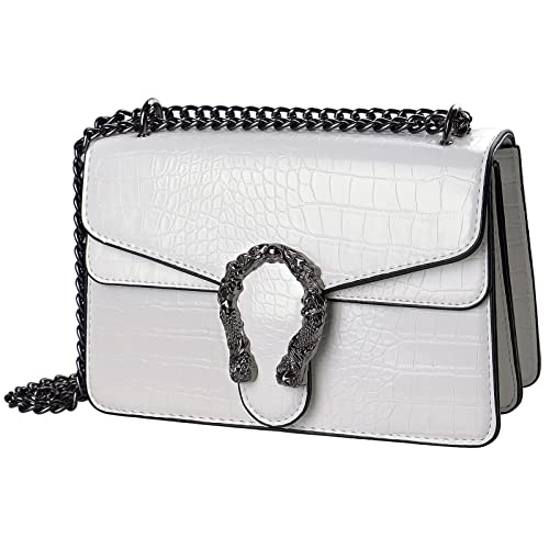 Crossbody Shoulder Bag for Women Luxurious Snake Print Leather Chain Tote Evening Square Handbag Satchel Purse White