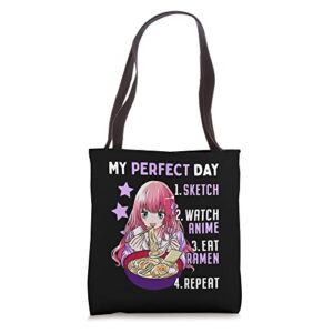 my perfect day sketch watch anime eat ramen repeat tote bag