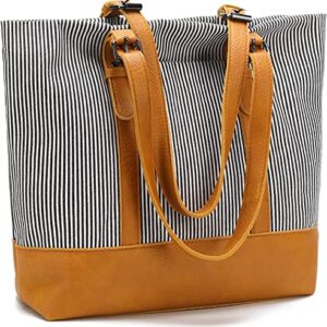 Women Lightweight Canvas Tote Purses for Work Everyday with Zipper Pockets Striped Shoulder Handbag