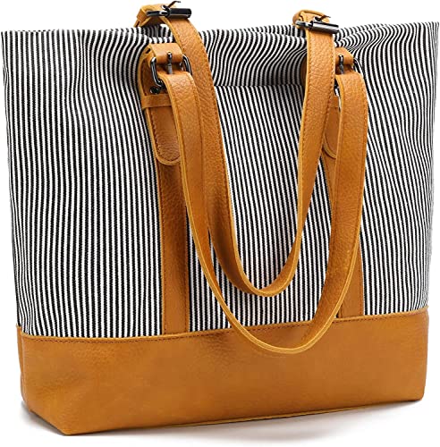 Women Lightweight Canvas Tote Purses for Work Everyday with Zipper Pockets Striped Shoulder Handbag