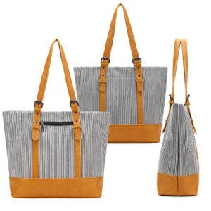 Women Lightweight Canvas Tote Purses for Work Everyday with Zipper Pockets Striped Shoulder Handbag