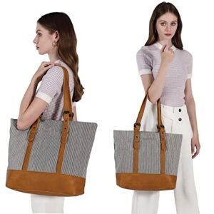 Women Lightweight Canvas Tote Purses for Work Everyday with Zipper Pockets Striped Shoulder Handbag